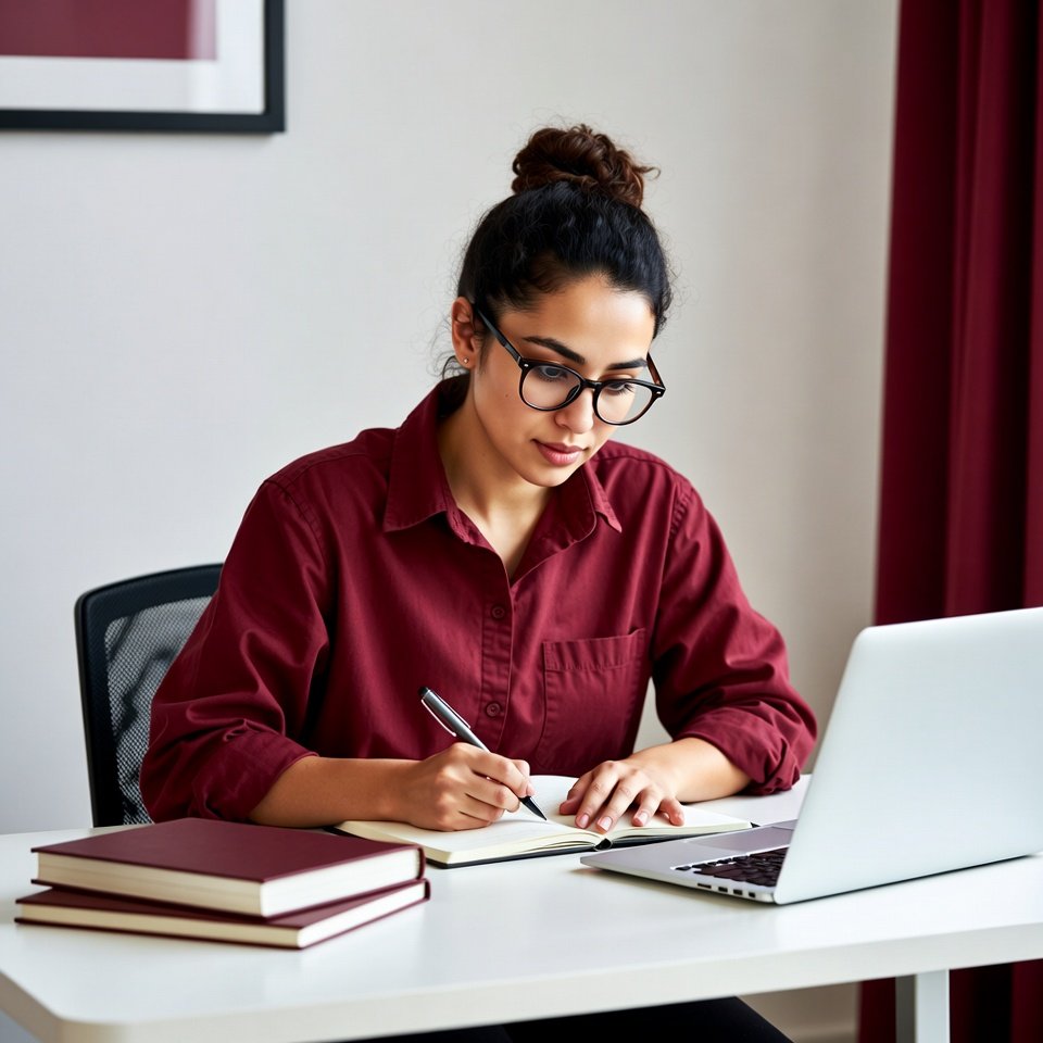 Publishing consultant writing notes beside a laptop