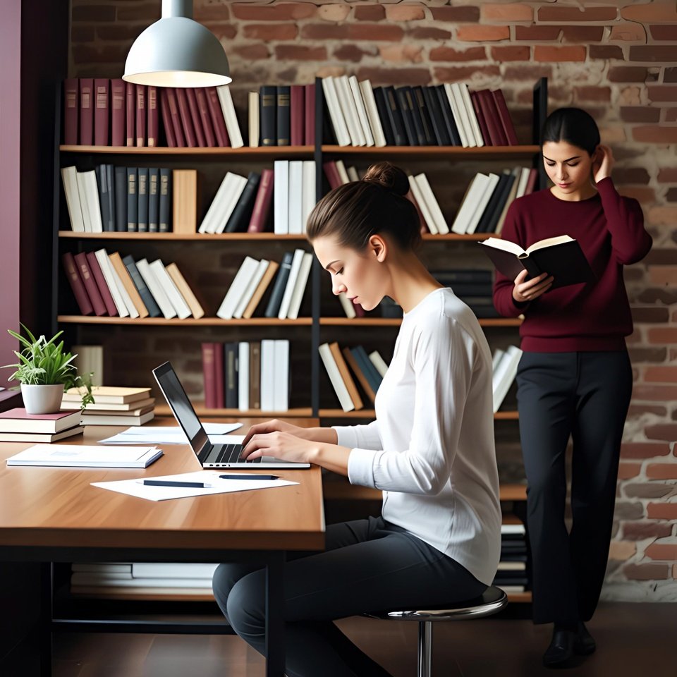 Editorial team collaborating in a library-style office